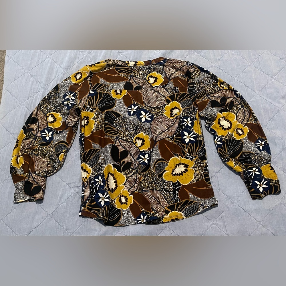 K&C Floral Keyhole Neck Long Sleeve Blouse - Mustard/Navy/Brown - Size Medium - Picture 8 of 8